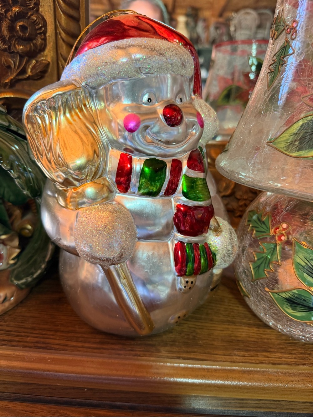 Metallic Ceramic Snowman Holiday Figurine with Red & Green Accents